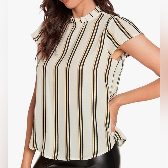 Romwe Women’s Short Sleeve Mock Neck Blouse - Cream Yellow Navy Stripes, Size XL - Picture 1 of 6